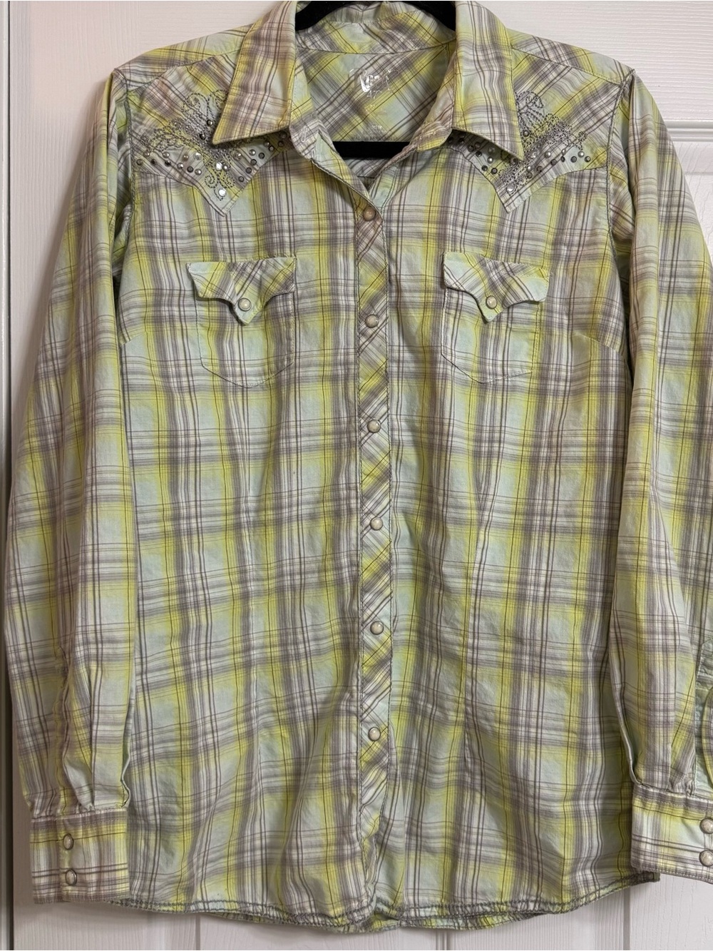 Women's Plaid Button-Down Shirt in Yellow and Gray with Studded Yoke